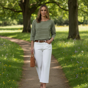 Goondiwindi Cotton - 3/4 Sleeve Cotton Stripe Tee - White/ Sage