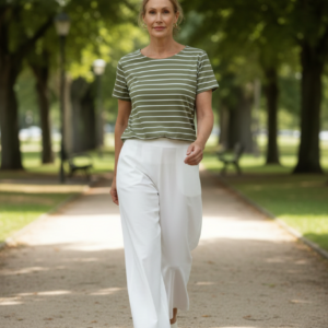 Goondiwindi Cotton - Cotton Crew Neck Striped Tee - White/ Sage