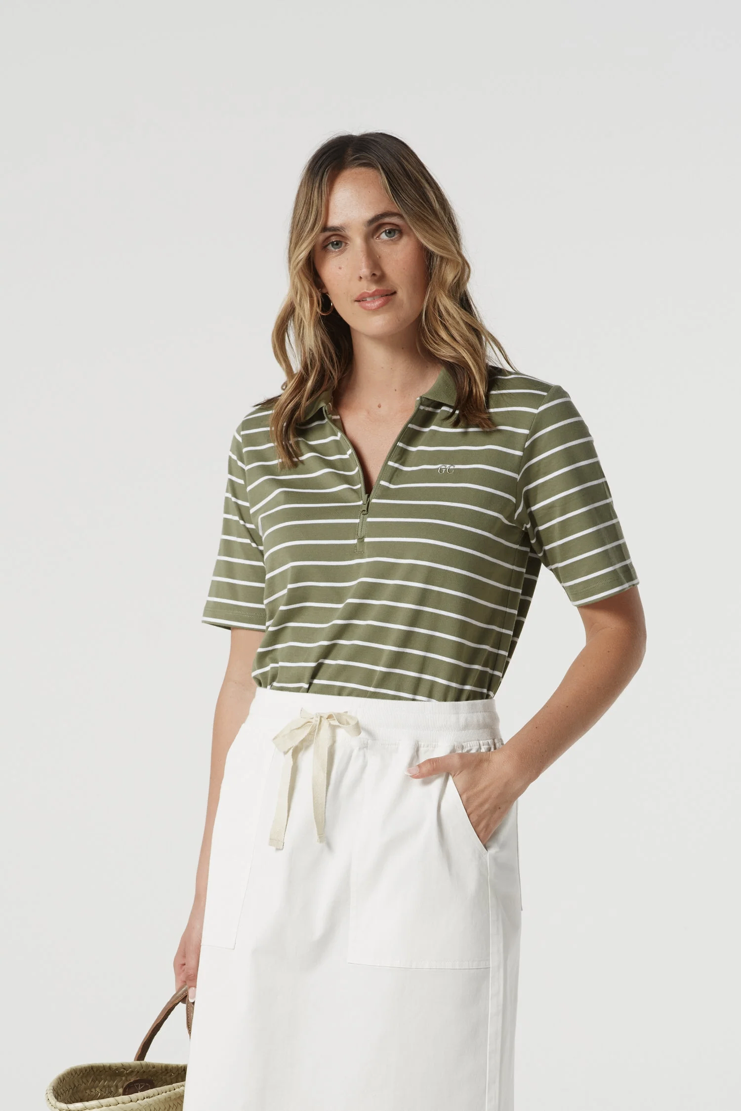 Goondiwindi Cotton - Cotton Stripe Zip Neck Polo - White/ Sage - Image 2