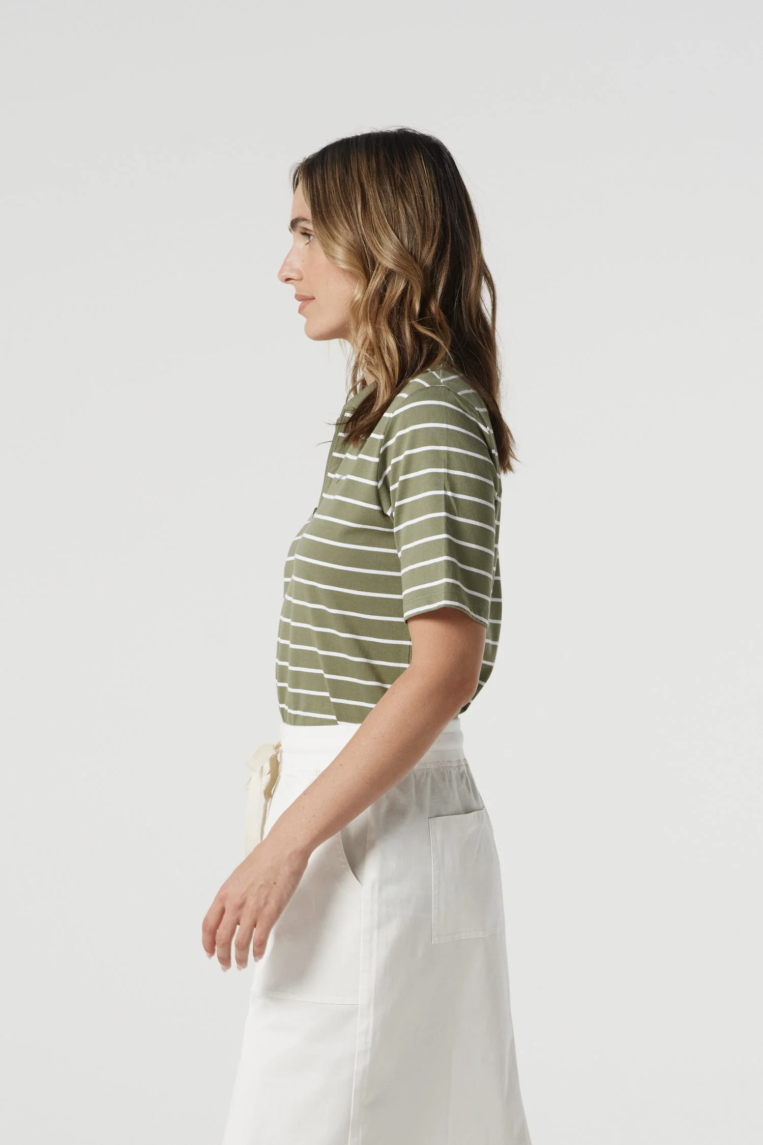 Goondiwindi Cotton - Cotton Stripe Zip Neck Polo - White/ Sage - Image 3