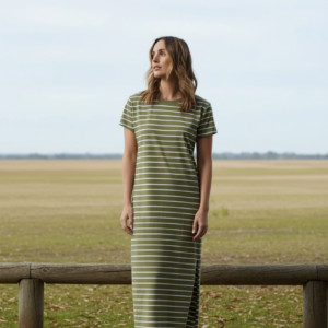 Goondiwindi Cotton - Cotton Striped Tee Dress - White/ Sage