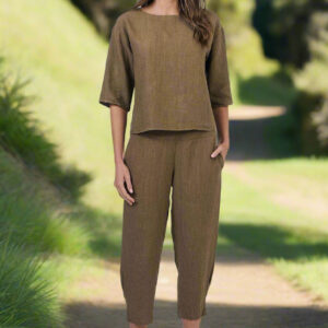 Naturals by O&J 3/4 Sleeves Linen Top Tobacco