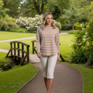 Two-T's - Stripe Boat Neck 7/8 Sleeve - Sand/ White