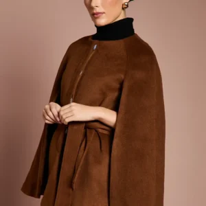 Kurzer Cape-Mantel mit Gürtel in Beige aus Wollmix