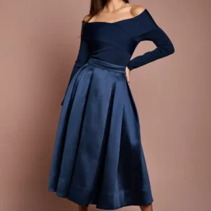 Midi Rock aus Twill mit vollem Volumen, A-Linie und hoher Taille