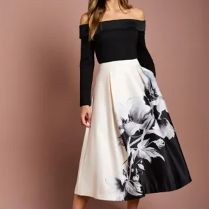 Satin Midi Rock mit floralem Platzierungsdruck, hoch geschnitten, A-Linie