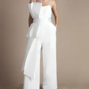 Braut-Jumpsuit schulterfrei mit Schleifen-Detail und weitem Bein